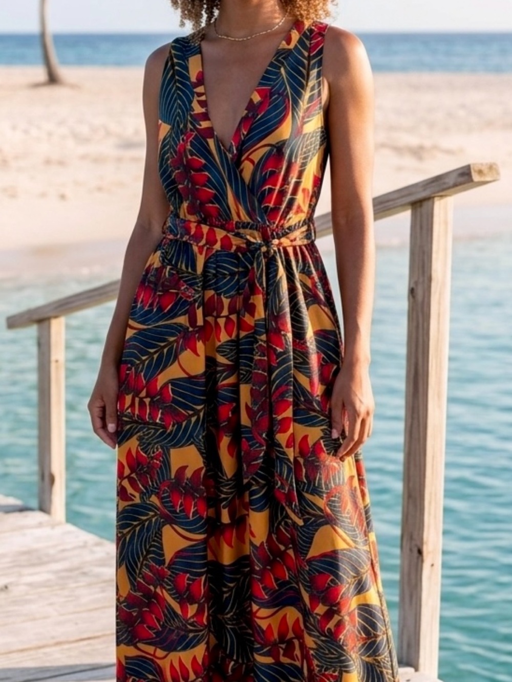 Tropical V-Neck Maxi Dress in Mustard and Navy